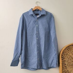 Kenneth Cole New York Blue Gingham Button Down Shirt Slim Fit Non Iron 17 1/2 34